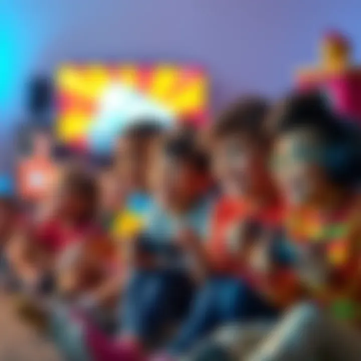 A colorful scene showing children playing video games together, smiling and enjoying different games, with game controllers in hand and a lively atmosphere.