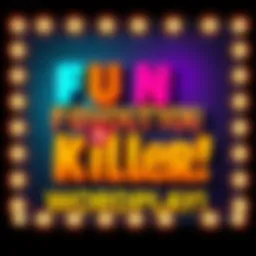 A colorful graphic showing two descriptive words with question marks, inviting people to guess a favorite killer, with playful designs.
