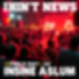 Crowd enjoying various activities at an insane asylum event with colorful decorations