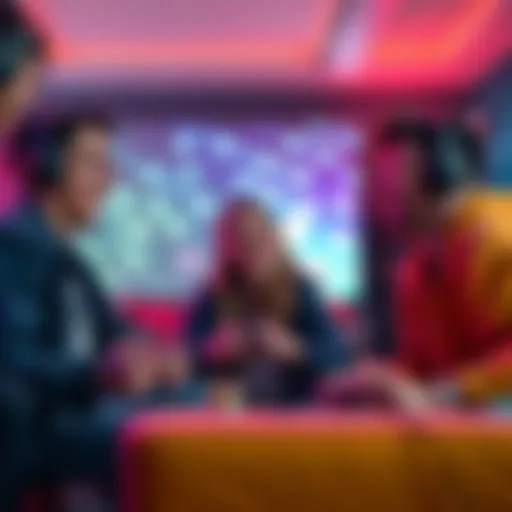 A group of friends laughing and playing video games together, focusing on fun rather than scores