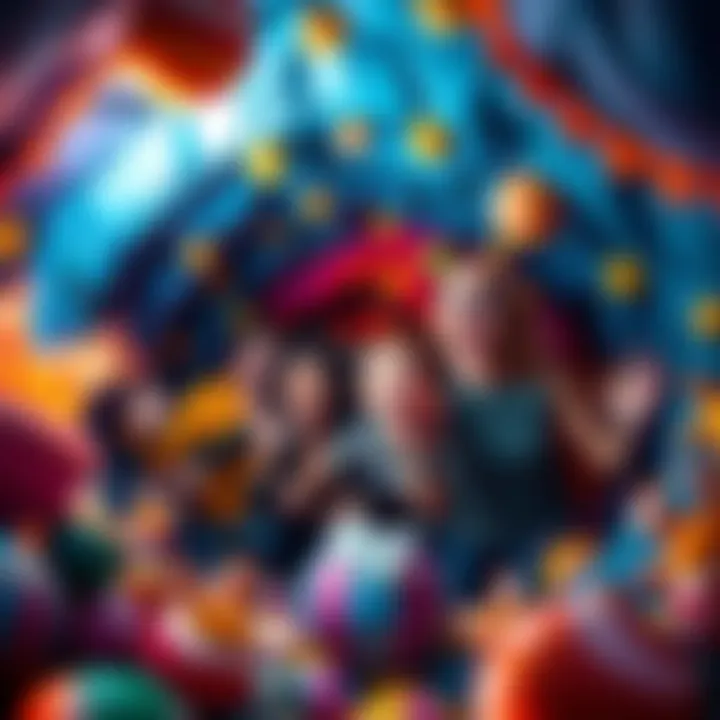 A group of people excitedly exploring a deep fun hole filled with colorful surprises and decorations.