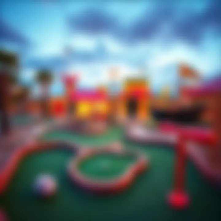 Colorful mini golf course with creative obstacles and players enjoying the game.