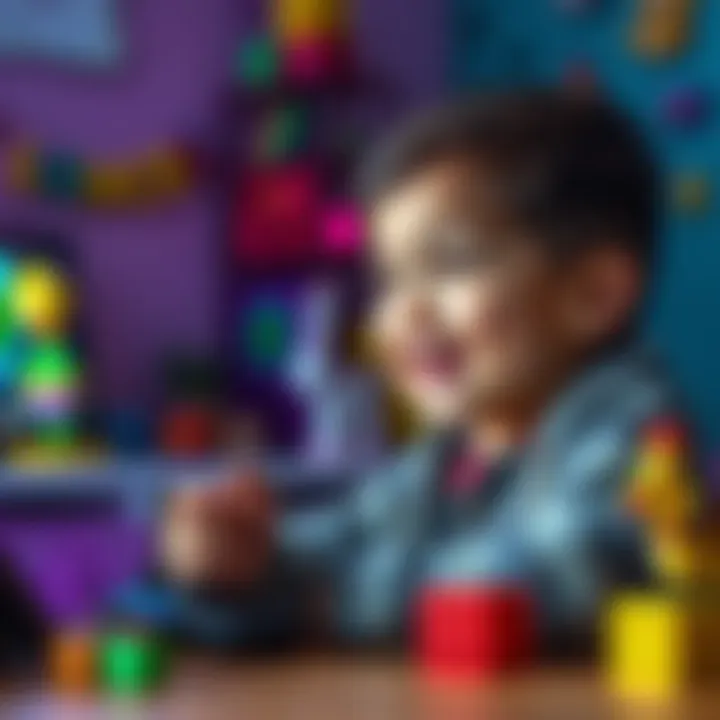 A colorful scene showing a young child smiling while playing a PC game with cartoon-like graphics, surrounded by playful elements like blocks and animals.