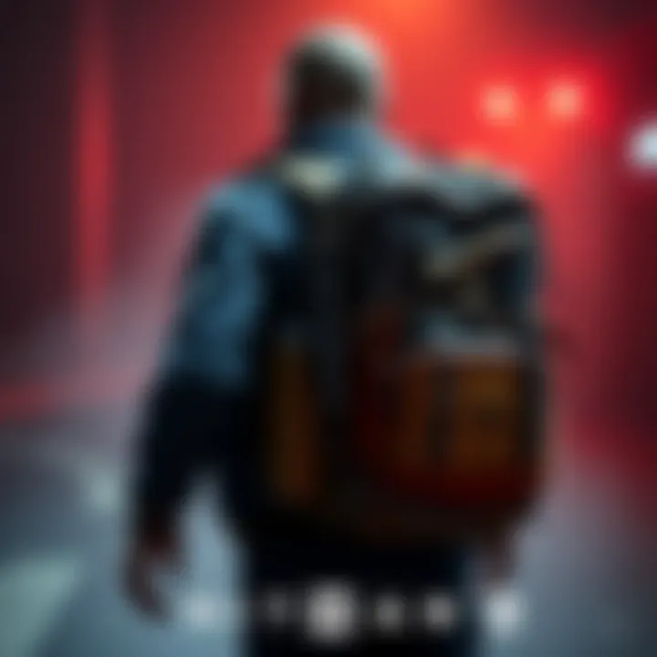 A character in Hitman 3 wearing a tactical backpack during a mission, showcasing new gameplay features with weapons and items visible inside the backpack.