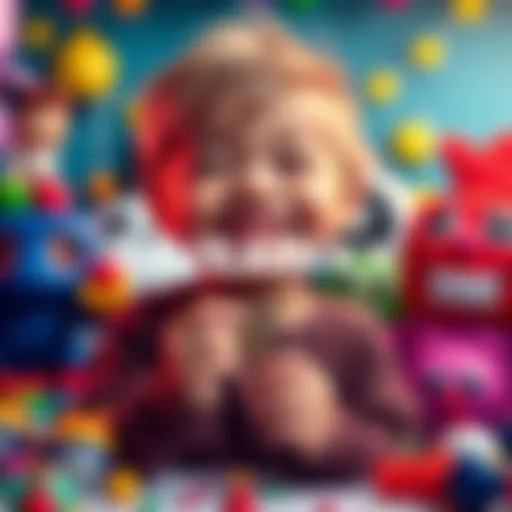 Funko Fusion Giveaway A young child holds a Funko Fusion key while smiling, surrounded by colorful toys and decorations, promoting a giveaway event.
