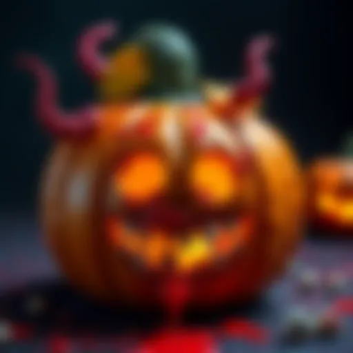 A creative pumpkin design with gore elements, featuring bright colors and playful, spooky details for Halloween.