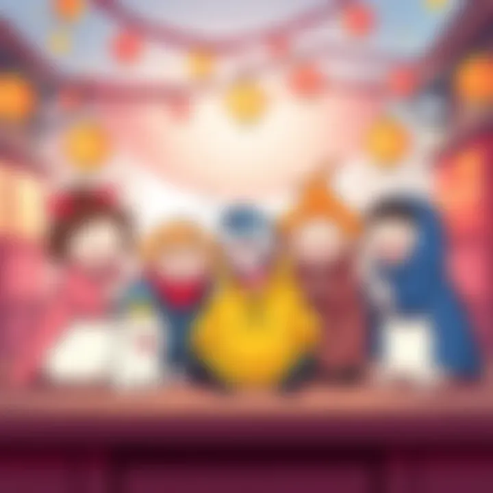 A colorful cartoon scene showcasing humorous characters from the Yuna Guide, making silly faces and laughing together, creating a fun atmosphere.
