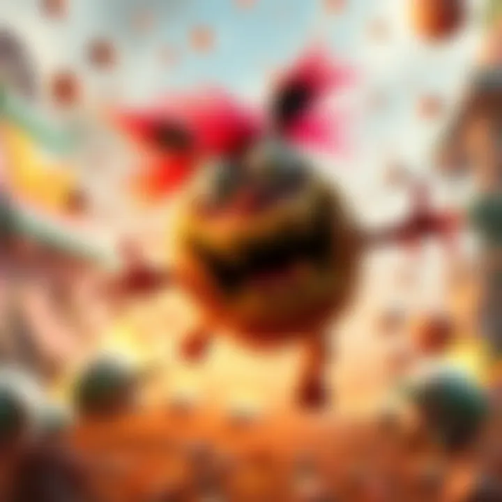A vibrant and funny creature unleashing chaotic abilities in a colorful game setting
