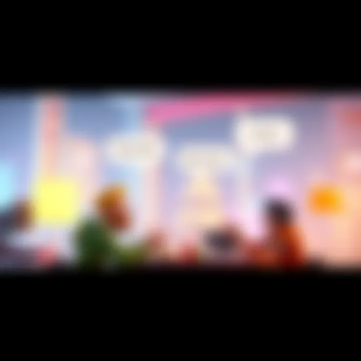 A screenshot showing two game characters exchanging humorous lines in a colorful game setting