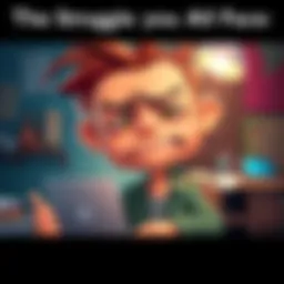 A cartoon character expressing frustration while dealing with everyday challenges like work and chores, capturing a humorous take on common life issues.