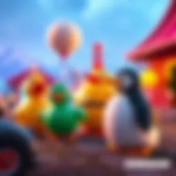 Colorful cartoon-style ducks and a giant penguin in a playful video game setting