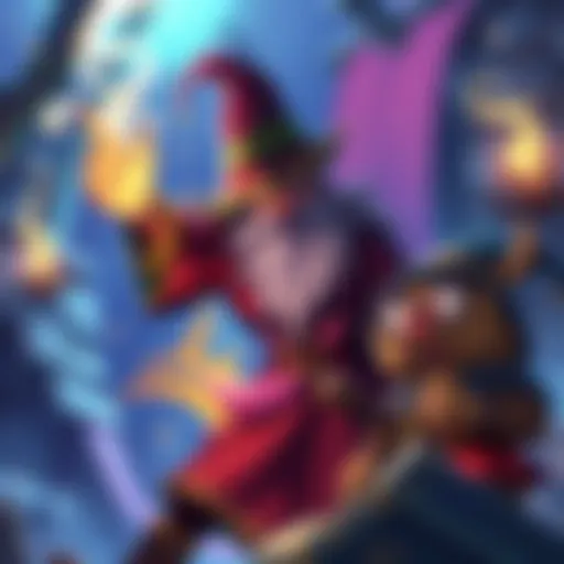 A wizard casting a humorous spell with quirky characters around him