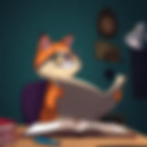 A cartoon-style drawing depicting a humorous scene featuring a cat wearing glasses and reading a book while sitting at a desk.
