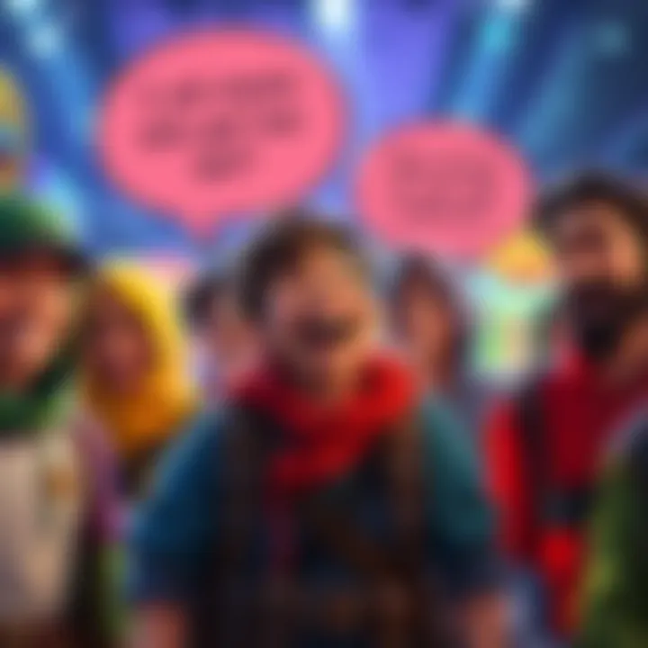 Funny NPC Dialogue Moment A colorful scene showing a character in a game laughing at an NPC's humorous background dialogue, surrounded by other characters reacting with surprise and amusement.