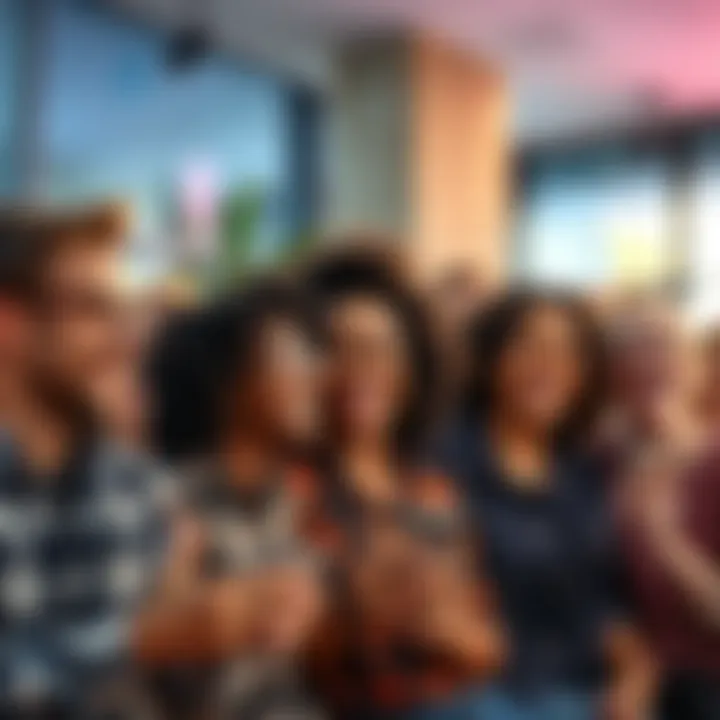 A group of diverse people laughing and sharing funny stories in a social setting