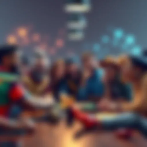 A group of diverse, humorous roleplay characters, each with unique traits and outfits, sharing a laugh at a game table.