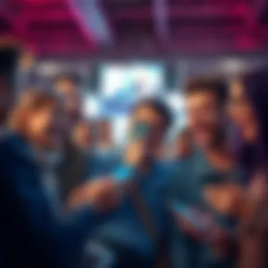 A group of friends laughing while looking at a humorous screenshot on their phones