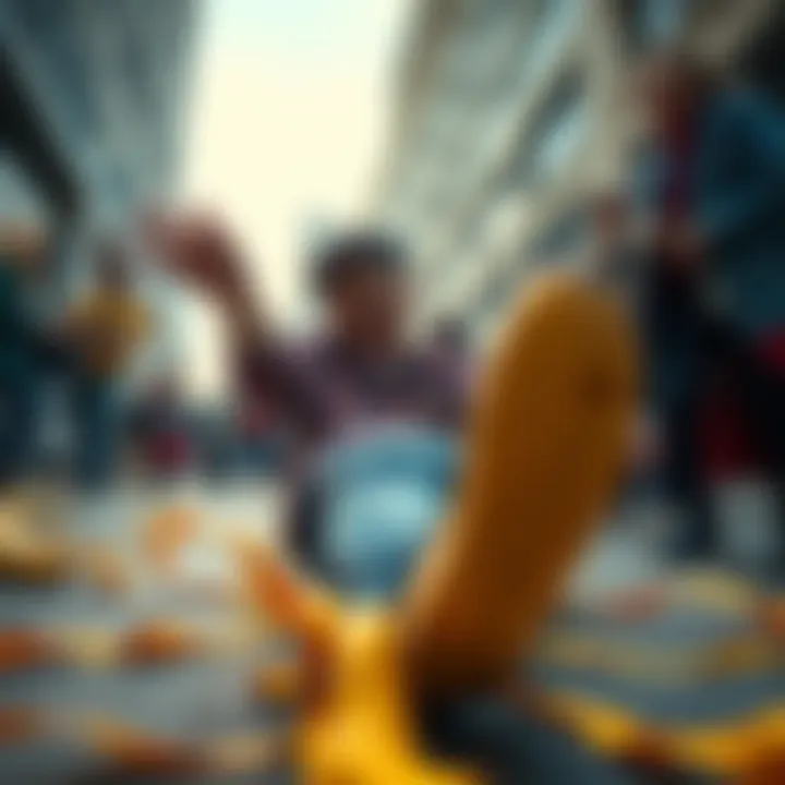 A person slipping on a banana peel while laughing with friends nearby, capturing a lighthearted moment.