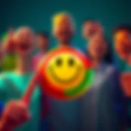 A colorful funny button with a smiling face on it, surrounded by happy people laughing.