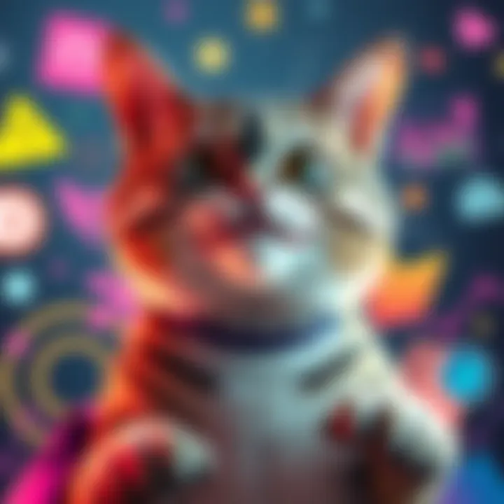 A humorous cat character with exaggerated features, showcasing its playful side, surrounded by colorful graphics that represent online culture.