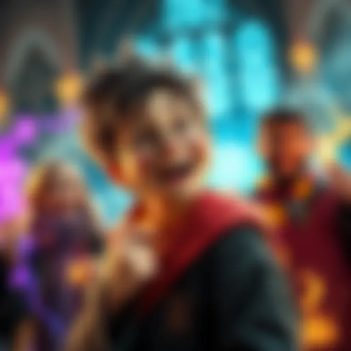 A whimsical character from Hogwarts Legacy laughing in a magical setting with colorful spell effects around them.