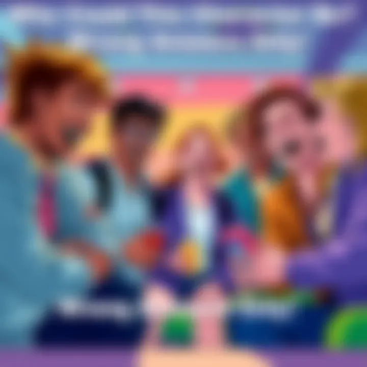 A colorful illustration showing people laughing and sharing silly guesses about fictional characters in a lively setting