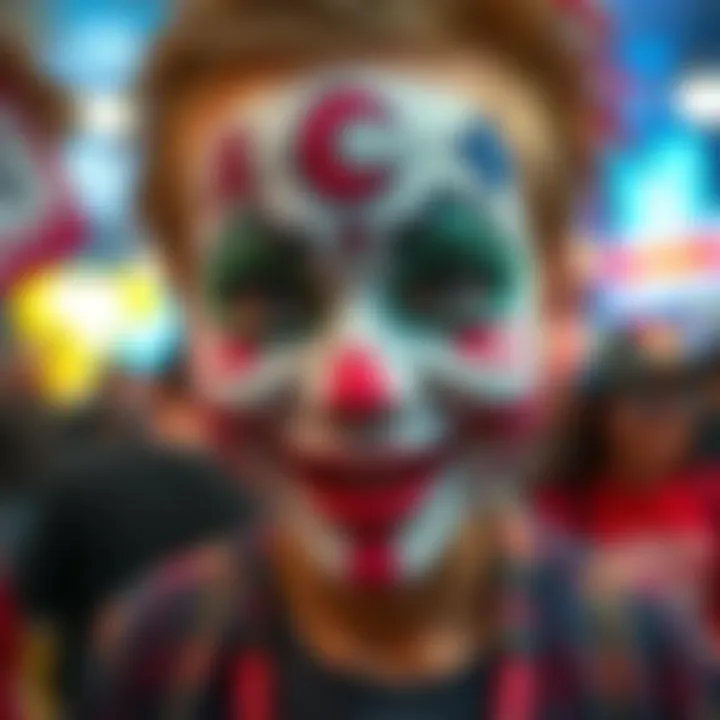 A person shows off their amusing face paint related to a video game, with bright colors and playful designs, making others laugh.