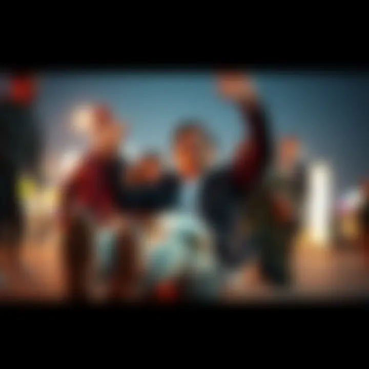 A person falls unexpectedly but is laughing on the ground while friends smile nearby