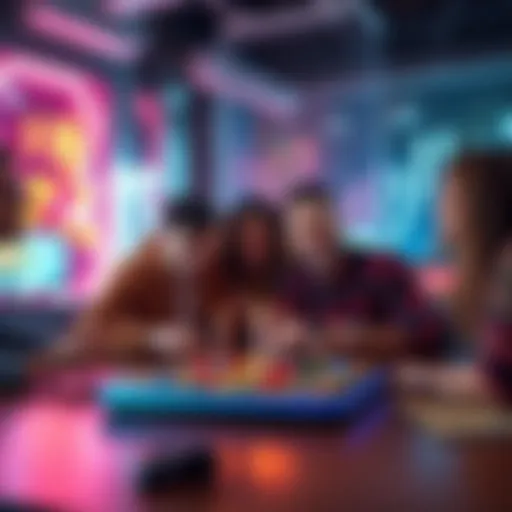 A group of friends laughing and playing a tabletop game in a vibrant setting, showcasing their fun gaming session.