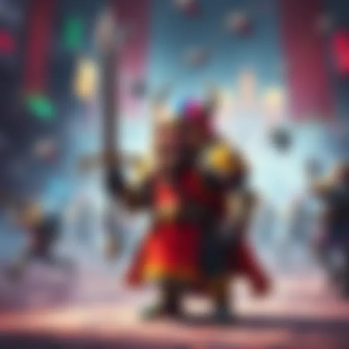 A humorous guard character in colorful armor making a silly face while standing with a sword, surrounded by chaotic gaming scenes.