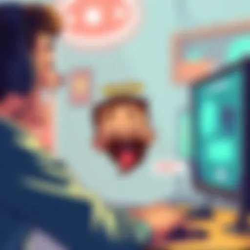 A cartoon of a gamer laughing while reading funny insults on a computer screen