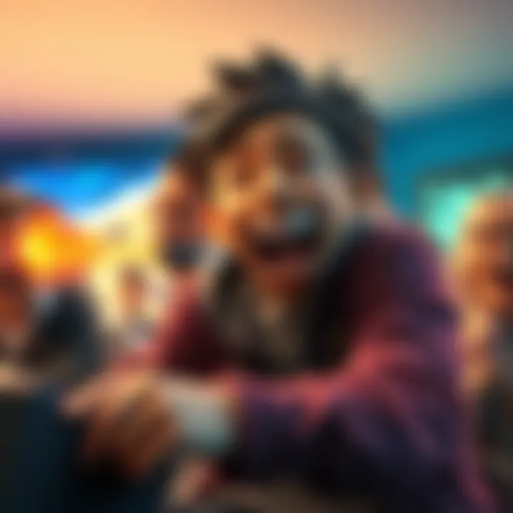 A character from a game struggling to hit a sleep dart while others laugh in the background, showcasing a funny gaming fail.