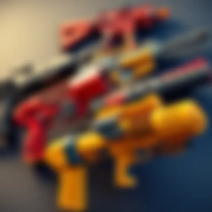 A selection of comedic weapons from boomer shooter games, showcasing quirky designs and bright colors, evoking a sense of humor in gaming.