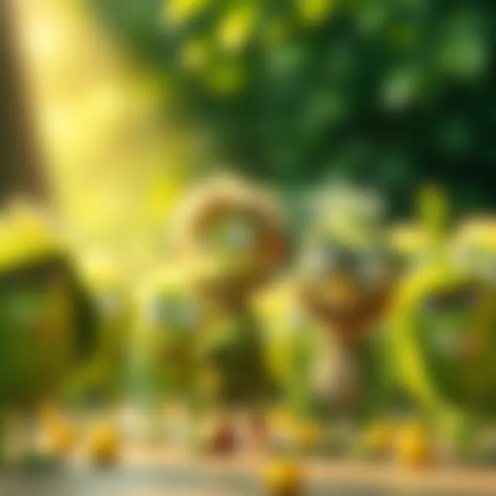 A group of whimsical characters in various shades of green, each displaying a humorous expression, suggesting playful curiosity. They are in a bright, cartoonish setting.