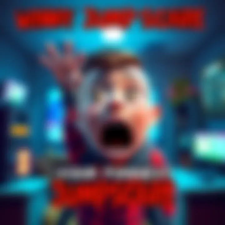 A person jumping in surprise with a scared expression, cartoon style, background featuring a video game setting.