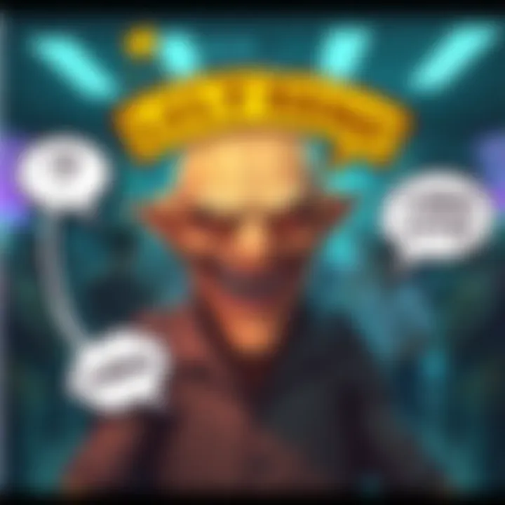 A humorous depiction of a lich character with a silly name, surrounded by laughter and comic speech bubbles, illustrating the fun conversations happening in online forums.