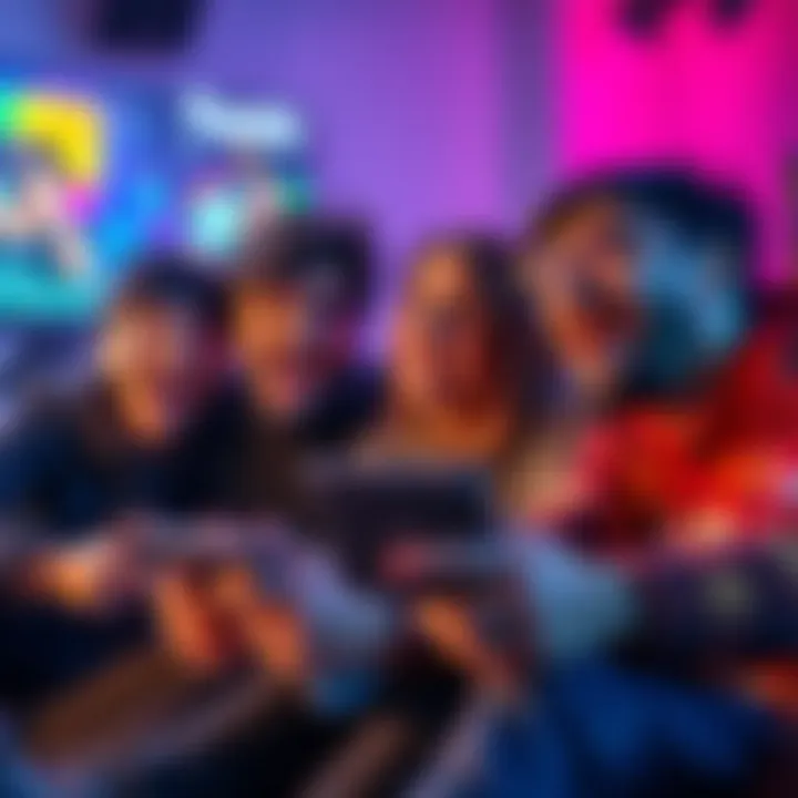 Group of friends laughing while playing funny multiplayer games together