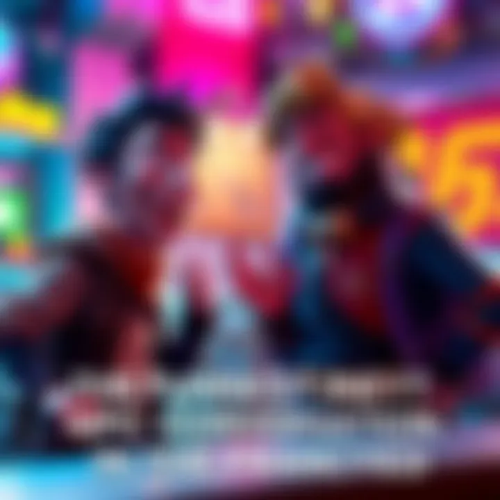 Funny NPC Conversation Two animated characters engaging in a humorous conversation, showcasing exaggerated expressions and gestures, capturing the laughter and joy from players, in a vibrant game setting.