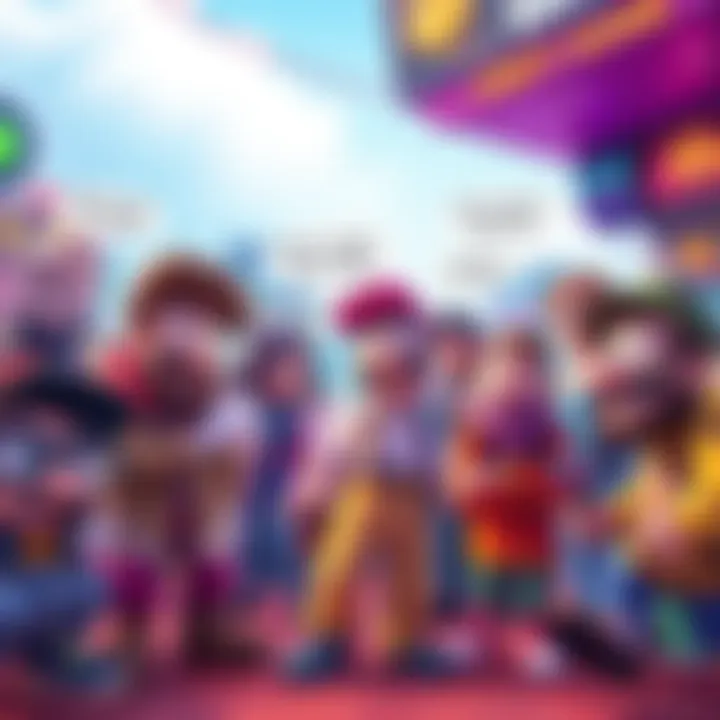 Funny NPCs in Video Games A colorful scene showing various cartoonish NPC characters engaging in humorous dialogue, with exaggerated expressions and funny poses, set in a vibrant game world.