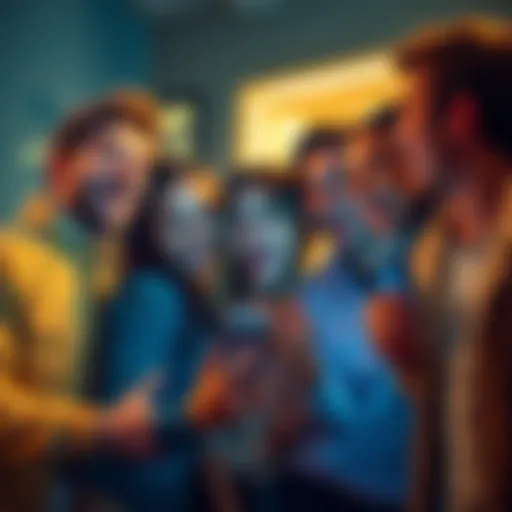 A group of people laughing at a humorous post on a smartphone