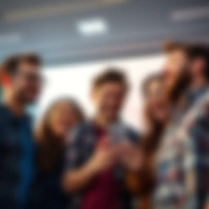 A group of friends laughing together while looking at a phone, enjoying a funny post