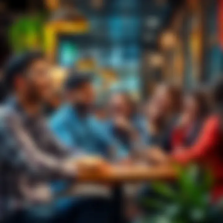 People laughing and discussing humorous misunderstandings of the Legend question at a café