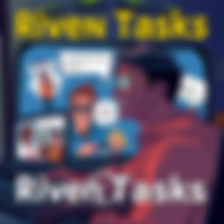 A player laughing while facing different Riven tasks on their screen, showing various humorous difficulties illustrated in a comic style.