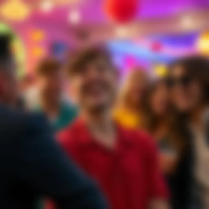 A character laughs hysterically, surrounded by friends in a lively setting, showcasing a joyful moment from a popular comedy show.