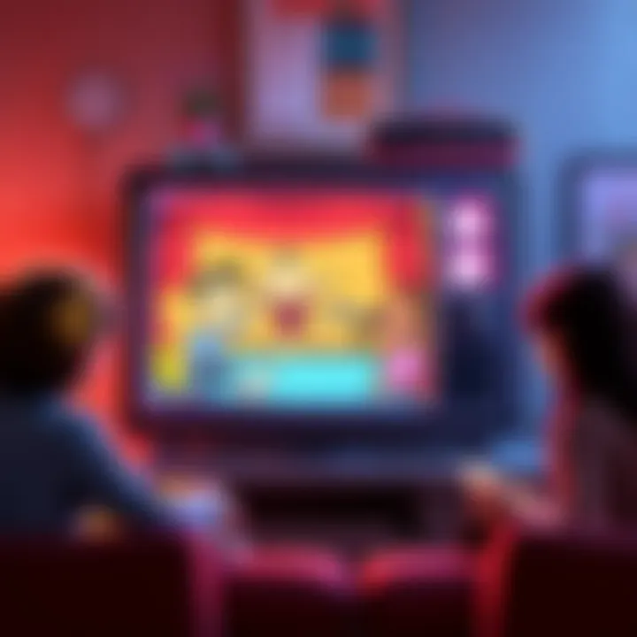 A colorful TV showing a humorous cartoon, with characters laughing and having fun, setting the tone for an exciting DLC first chapter.