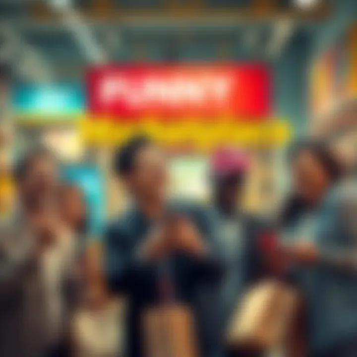 A collage of humorous shopping experiences from Marketplace, featuring people laughing at quirky items and funny ads.