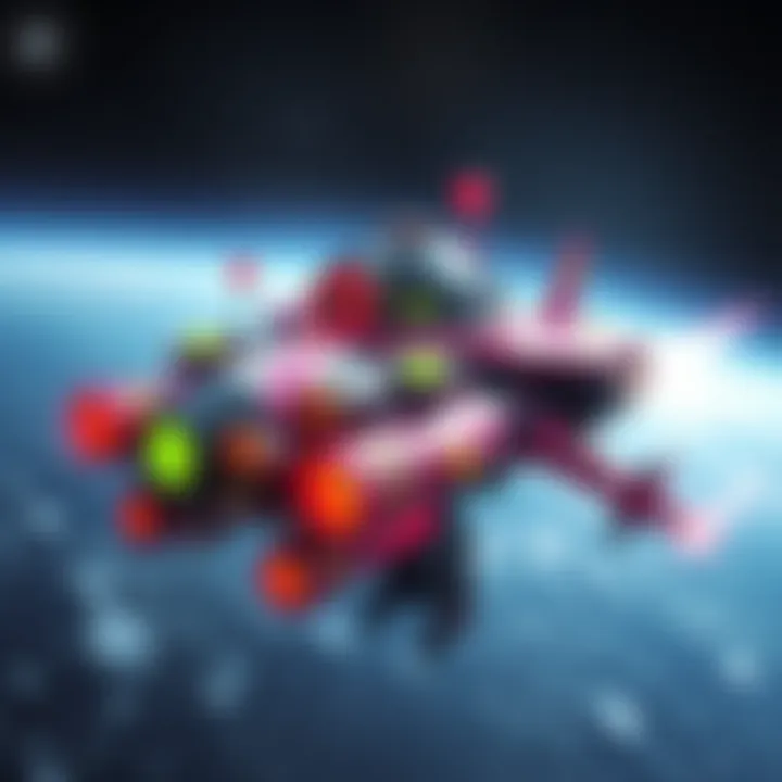 Funny Space Ship Design A whimsical spaceship with quirky features and colorful designs, showcasing its unusual shapes and artistic elements, floating in space.