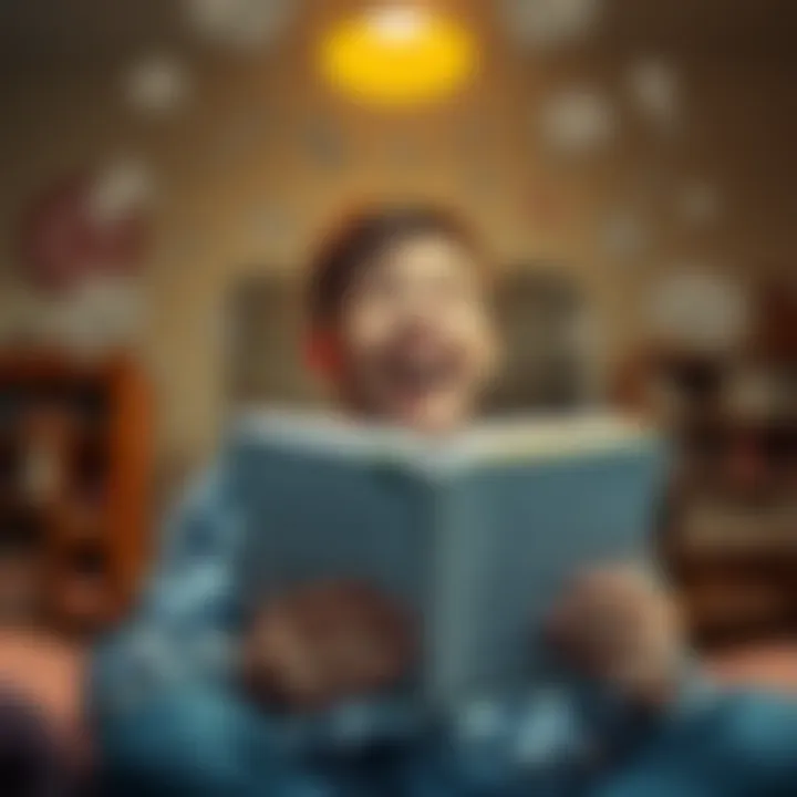 A person laughing out loud while reading a funny book, surrounded by silly doodles and jokes in the air.