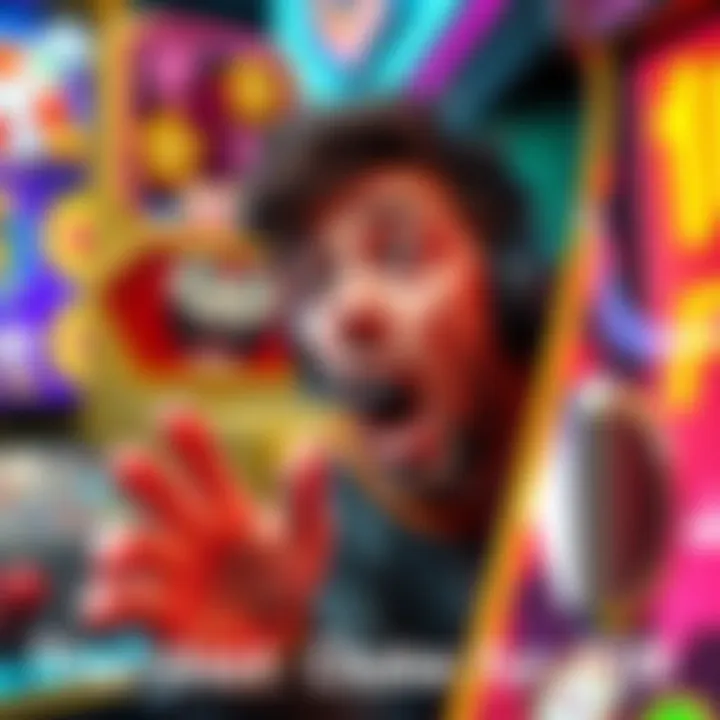 Funny Video Game Choke A player with a shocked expression, about to lose a big game opportunity while reaching for a large prize. The background shows colorful game graphics.