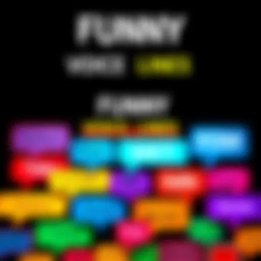 A collection of quirky and hilarious voice line names displayed on colorful speech bubbles